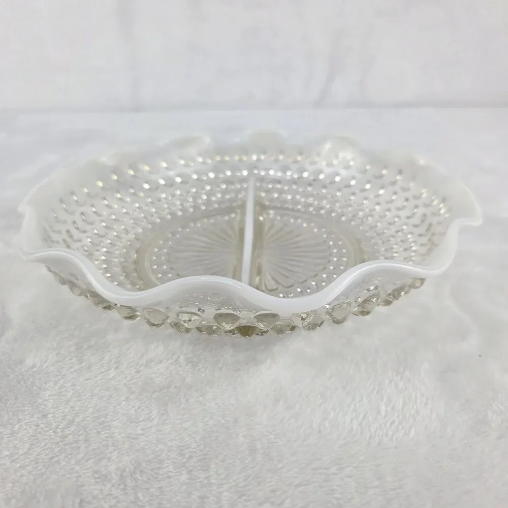 Vintage Anchor Hocking Moonstone Opalescent Hobnail Glass Divided Relish Dish
